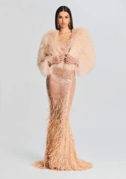 Odessa Sequin Feather Dress -Women's Clothing Shop Ecommerce Crop 20230815 Diem Gloves Tannin 1159 ECOMM