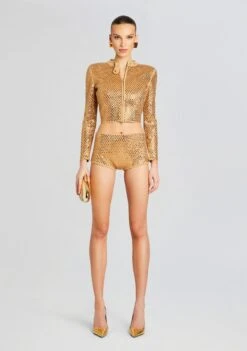 Tru Embellished Knit Short -Women's Clothing Shop Ecommerce Crop 24 02 29 MALIJACKET TRUSHORTS GOLDMETALLICNUDE 1384 ECOMM